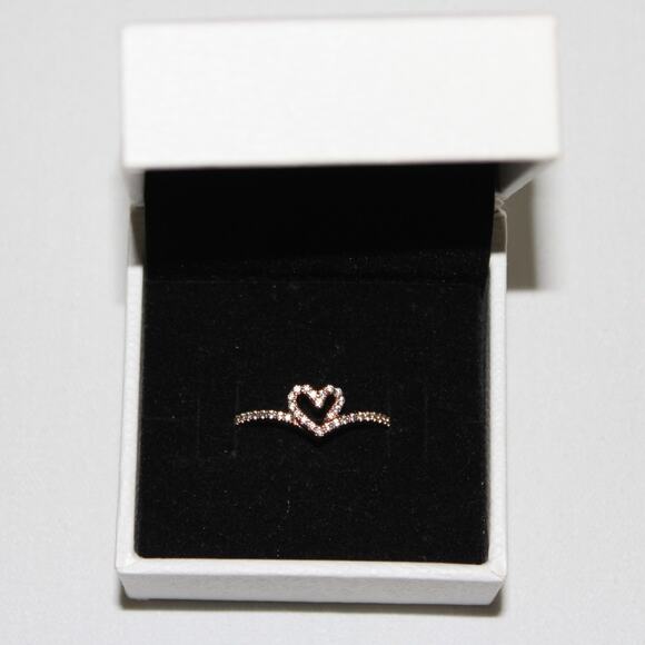 Pandora Sparkling Wishbone Heart Ring Rose Gold Plated Size 58 (8.5) - Picture 3 of 14